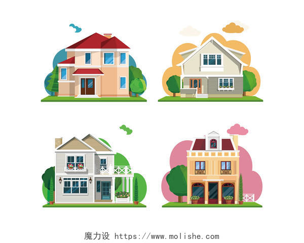 彩色卡通手绘建筑房子大楼楼房房屋建筑矢量元素PNG素材
